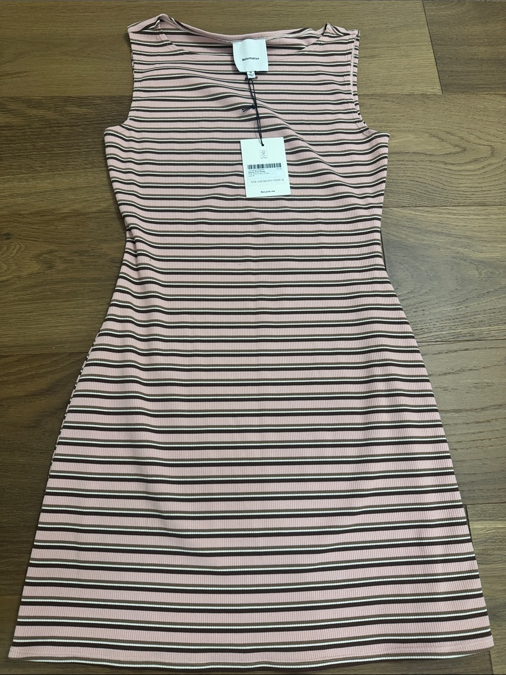 Reformation Pink and Brown tan cream Striped Sleeveless ribbedDress